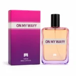 On My Wayy 80ml perfume bottle with black cap beside pink and purple retail packaging