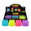 Cube Squeeze Bubble toys in assorted colours beside individual boxes and a retail display