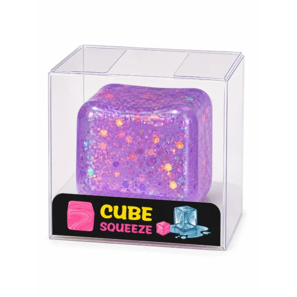 Cube Squeeze Glitter Squishy Toy with reflective glitter in assorted colours