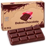 Brown Daban chocolate-bar squishy toy beside its illustrated retail display box