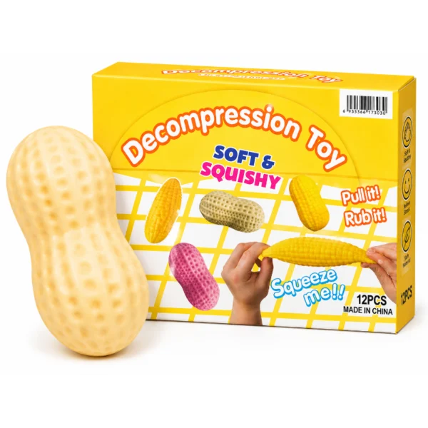 Cream peanut-shaped squishy toy beside yellow Decompression Toy Soft and Squishy packaging
