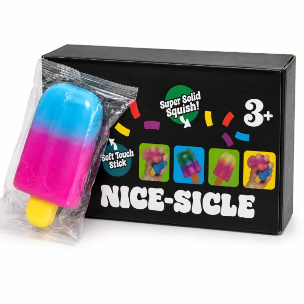 Blue and pink Nice-Sicle squishy popsicle with yellow stick beside black retail packaging