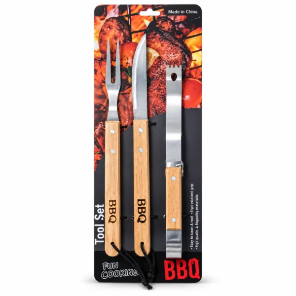 Fun Cooking 3 Piece BBQ Tool Set in retail packaging with braai tongs, fork and knife