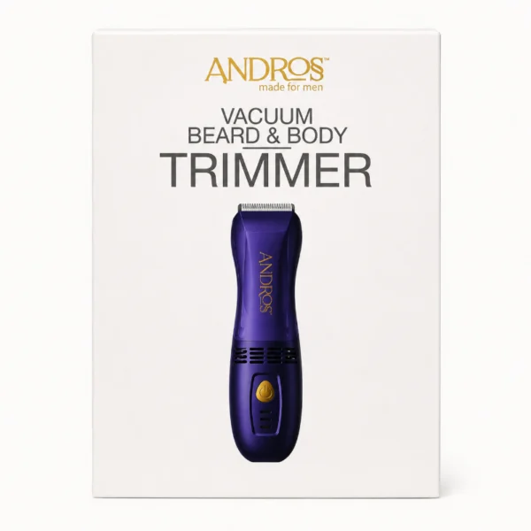 Andros Vacuum Beard & Body Trimmer packaging with product overview, features, specifications and included accessories Back of Andros Vacuum Beard & Body Trimmer packaging showing specifications, accessories and product information Andros Vacuum Beard & Body Trimmer box showing blue trimmer on front packaging Andros Vacuum Beard & Body Trimmer front packaging showing blue cordless trimmer