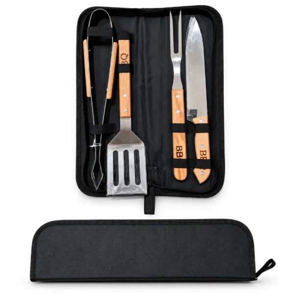 Braai Professional 4 Piece BBQ Set with tongs, spatula, braai fork and knife displayed inside a black zip-up carry case