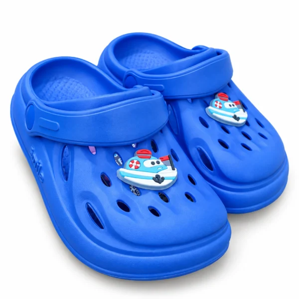 Pair of blue kids clogs with colourful cartoon boat charms.
