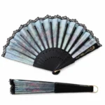Chinese Style Hand Folding Fan 23cm shown open and folded with black frame and decorative patterned panels