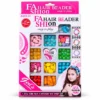 Back of Girl's Creator Fashion Up Hair Beader Set packaging showing bead design examples and age 3+ marking Girl's Creator Fashion Up Hair Beader Set with assorted colourful beads and hair-beading accessories in retail packaging