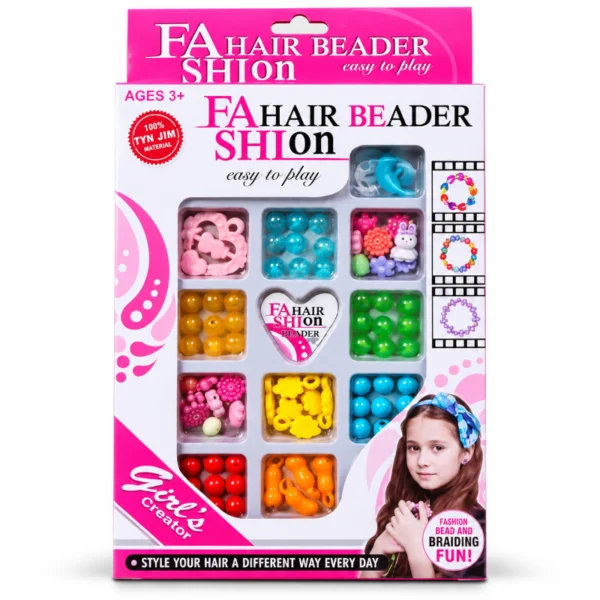 Back of Girl's Creator Fashion Up Hair Beader Set packaging showing bead design examples and age 3+ marking Girl's Creator Fashion Up Hair Beader Set with assorted colourful beads and hair-beading accessories in retail packaging