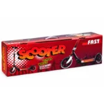 Fast Large Wheel Scooter 200mm red product box showing scooter with large PU wheels Side of Fast Large Wheel Scooter packaging showing age and riding safety warnings Fast Large Wheel Scooter packaging showing folded and upright scooter illustrations