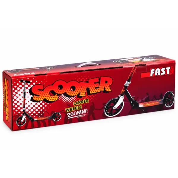 Fast Large Wheel Scooter 200mm red product box showing scooter with large PU wheels Side of Fast Large Wheel Scooter packaging showing age and riding safety warnings Fast Large Wheel Scooter packaging showing folded and upright scooter illustrations