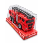 Red Fire Truck Ladder Type Toy in packaging shown from the front Red Fire Truck Ladder Type Toy with six wheels and long ladder shown from an angled front view Red Fire Truck Ladder Type Toy in packaging shown from the rear Red Fire Truck Ladder Type Toy with long roof-mounted ladder shown from the side