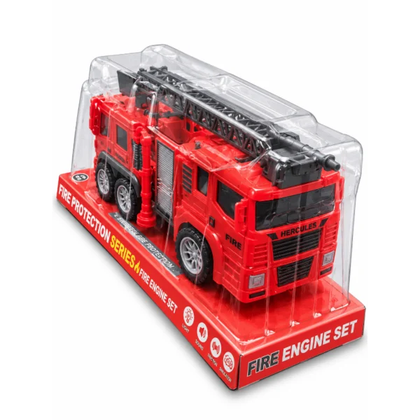 Red Fire Truck Ladder Type Toy in packaging shown from the front Red Fire Truck Ladder Type Toy with six wheels and long ladder shown from an angled front view Red Fire Truck Ladder Type Toy in packaging shown from the rear Red Fire Truck Ladder Type Toy with long roof-mounted ladder shown from the side