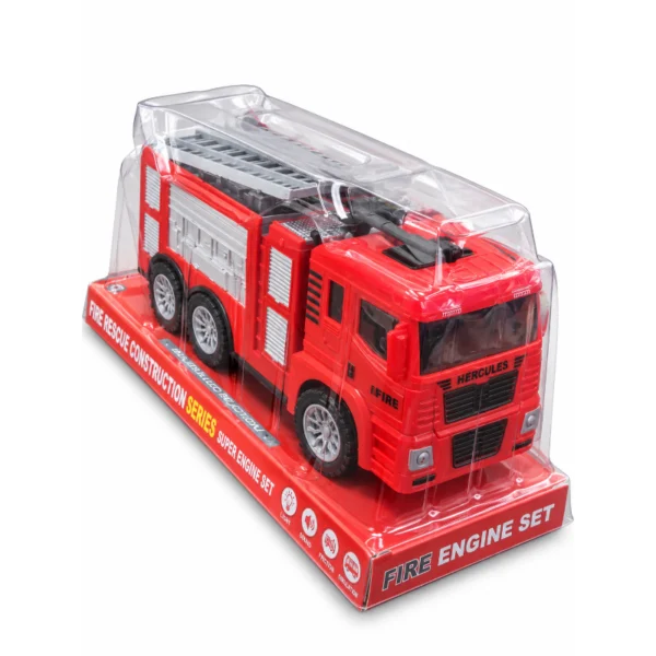Red Fire Truck Hose Type Toy in packaging shown from the front Red Fire Truck Hose Type Toy with six wheels and hose equipment shown from an angled front view Red Fire Truck Hose Type Toy in packaging shown from the rear Red Fire Truck Hose Type Toy with hose equipment and detailed side panels shown from the side