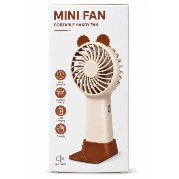 Back of Mini Portable Handheld Fan packaging showing available colours and safety information Mini Portable Handheld Fan packaging panel showing USB charging, desktop use and portable features Front of Mini Portable Handheld Fan packaging showing fan and bracket stand Side of Mini Portable Handheld Fan packaging showing bracket base and mobile phone holder