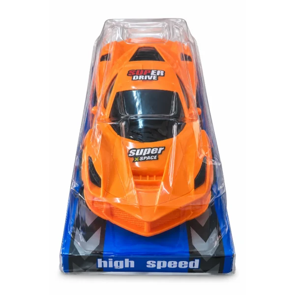 Orange Italia Sports Car Toy in packaging shown from the front Orange Italia Sports Car Toy in packaging shown from an angled front view Orange Italia Sports Car Toy in packaging shown from the rear Orange Italia Sports Car Toy with racing-style graphics shown from the side