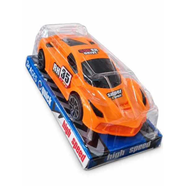 Orange Italia Sports Car Toy in packaging shown from the front Orange Italia Sports Car Toy in packaging shown from an angled front view Orange Italia Sports Car Toy in packaging shown from the rear Orange Italia Sports Car Toy with racing-style graphics shown from the side