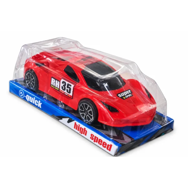 Red Italia Sports Car Toy in retail packaging shown from the front Red Italia Sports Car Toy in retail packaging shown from an angled front view Red Italia Sports Car Toy in retail packaging shown from the rear Red Italia Sports Car Toy with number 35 racing graphics shown from the side