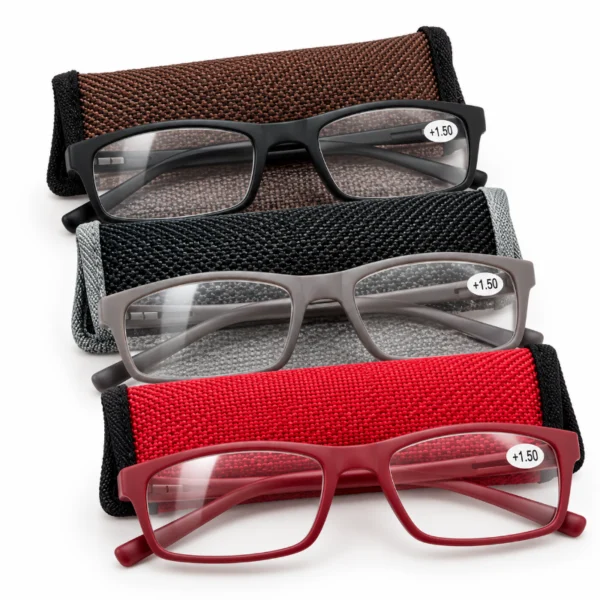 SOS Eyewear +1.50 reading glasses in black, grey and burgundy displayed with protective pouches.