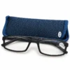 Black SOS Eyewear +2.00 reading glasses displayed in front of a blue protective pouch.