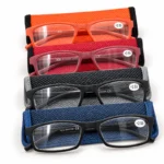 SOS Eyewear +2.50 reading glasses in orange, burgundy and black displayed with matching protective pouches.
