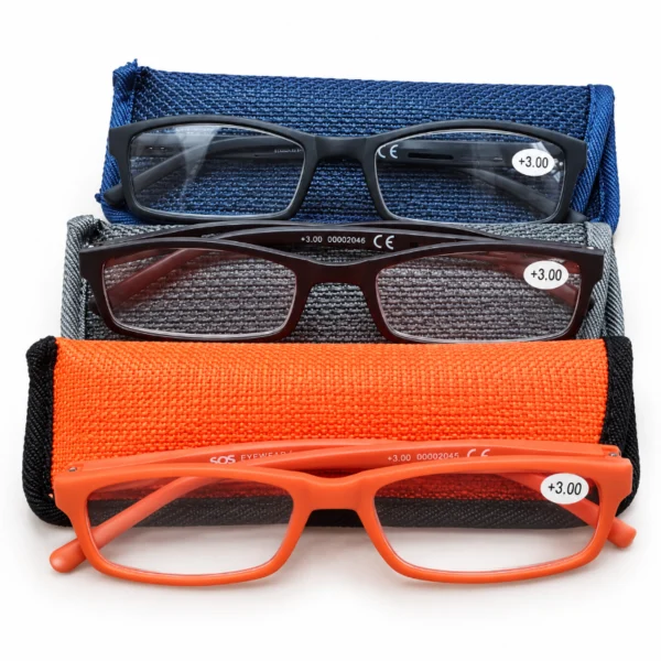 SOS Eyewear +3.00 reading glasses in black, dark brown and orange displayed with protective pouches
