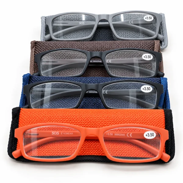SOS Eyewear +3.50 reading glasses in grey, black, brown and orange displayed with protective pouches.