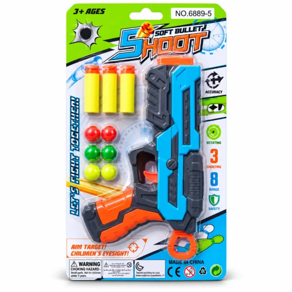 Soft Bullet Shoot Toy Gun 10 Piece Set in packaging with toy blaster, 3 foam darts and 6 coloured target balls