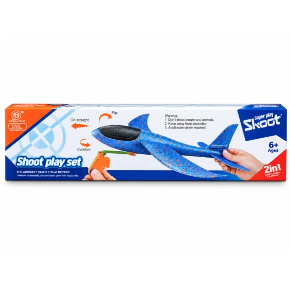 FS Toy Airplane Set packaging showing 2-in-1 foam airplane and slingshot launcher instructions FS Toy Airplane Slingshot Set box showing blue foam aircraft, handheld launcher and 6+ age marking FS Toy Airplane Set orange side of retail packaging with target graphic FS Toy Airplane Set blue side of retail packaging with target graphic