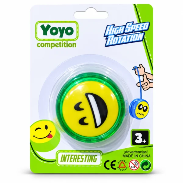 Green Smiley Face Yo-Yo in retail packaging with yellow smiley face design Green Smiley Face Yo-Yo retail packaging back showing string adjustment and play instructions