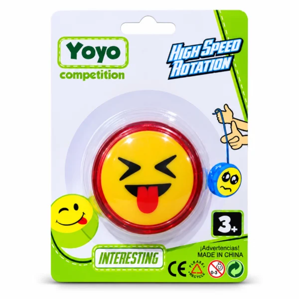 Red Funny Face Yo-Yo in retail packaging with yellow tongue-out face design Red Funny Face Yo-Yo retail packaging back showing string adjustment and play instructions