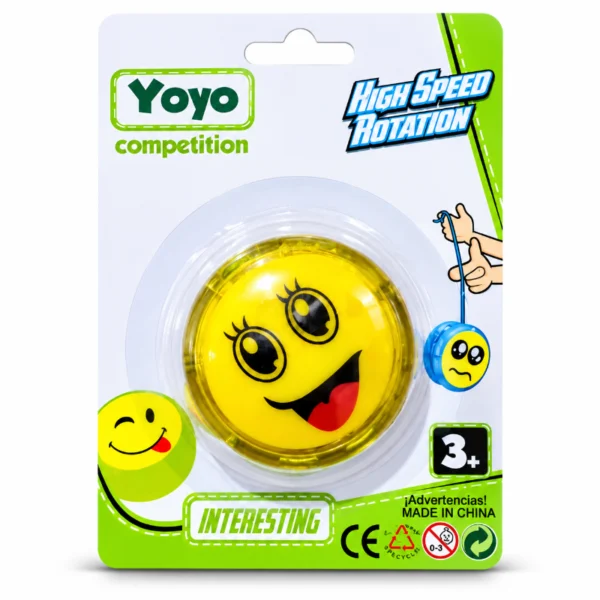 Yellow Happy Face Yo-Yo in retail packaging with cheerful cartoon face design Yellow Happy Face Yo-Yo packaging back with string adjustment and play instructions