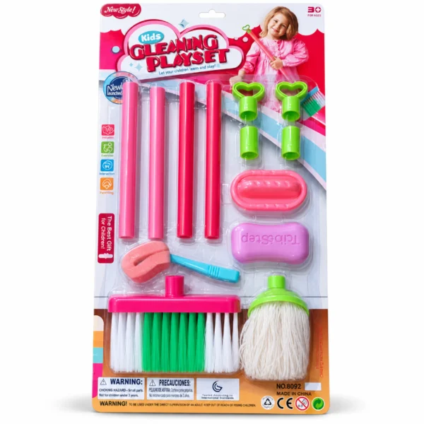 Kids 13 Piece Cleaning Play Set in packaging with toy broom, mop, brush, sponge, bottles and cleaning accessories